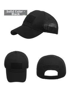 Solid black tactical baseball cap featuring breathable mesh and velcro patch panels