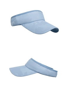 Detail of light blue camouflage patterned sun visor hat with breathable mesh fabric