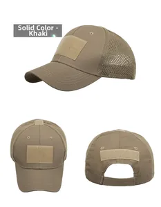Detailed views of khaki tactical baseball cap with mesh panels and velcro patches