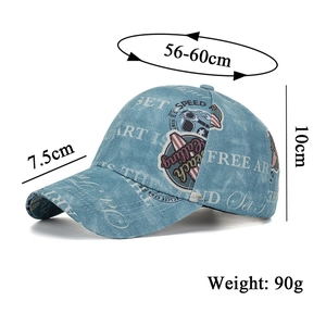 Detail view of washed denim baseball cap with vintage lettering and size specifications