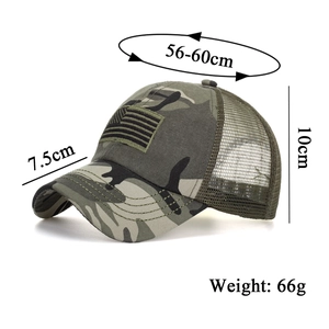 Casquette camouflage avec drapeau USA et filet respirant, dimensions de taille indiquées