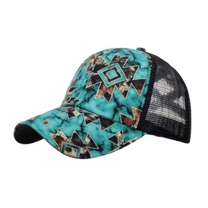 Detail of teal marble trucker hat with Aztec geometric totem and black breathable mesh