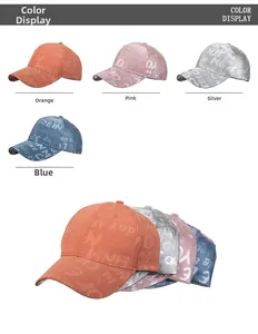 Detail display of metallic baseball caps with embossed letters in various bright colors