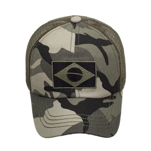 Classic jungle camo trucker hat with Brazil diamond patch and olive green breathable mesh back