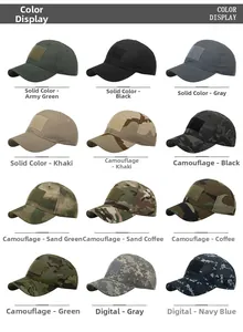 Tactical baseball cap color options display with solid, camouflage, and digital patterns
