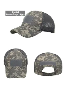 Detailed views of digital camo tactical mesh cap with adjustable Velcro panels