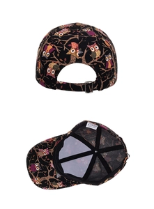 Detail view of printed owl baseball cap featuring adjustable metal buckle and inner wash label
