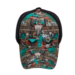 Bull skull and sunflower printed trucker hat with breathable black mesh back for women