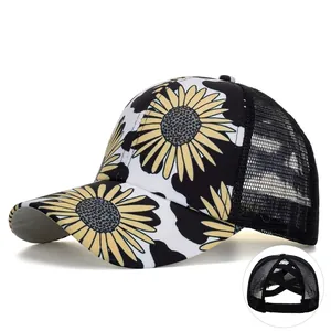 Damen Sonnenblume Kuhmuster Pferdeschwanz Baseballkappe Criss Cross Messy Bun Netz Trucker Hut Sonnenschutz Sommerhut