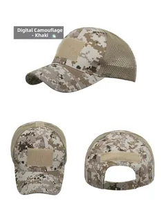 Detailed view of khaki digital camouflage tactical cap with mesh panels and velcro patches