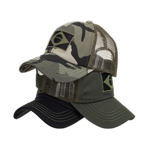 Camouflage and solid trucker hats with breathable mesh and geometric patches