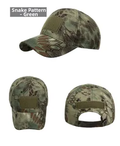 Detailed view of green python camouflage tactical baseball cap with velcro patches