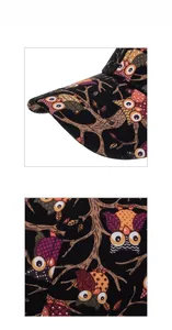 Close-up of owl print pattern on durable black cotton canvas baseball cap