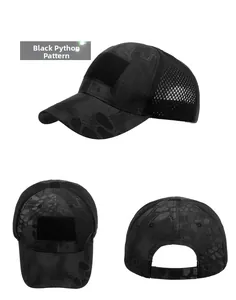 Three views of tactical black python camouflage baseball cap with breathable mesh back panels