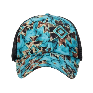 Detail of turquoise baseball cap with black marble pattern and ethnic geometric design