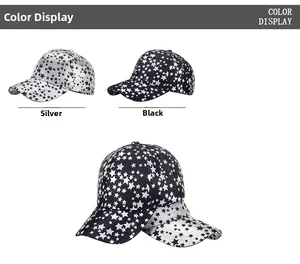 Detail display of silver and black baseball caps with all-over pentagram star patterns