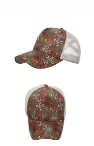 Detailed views of a vintage trucker hat featuring cross print and white mesh panels