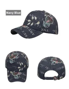 Detail view of navy blue vintage denim baseball cap with American style art prints