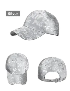 Three-view shot of a silver metallic baseball cap with white graffiti-style lettering detail