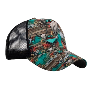 Western trucker hat featuring longhorn skull and sunflower print with black mesh