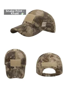Detailed view of khaki python camo tactical baseball cap with velcro patch areas