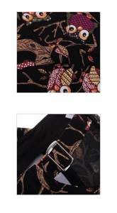 Detail of owl print canvas fabric and adjustable metal buckle on black baseball cap