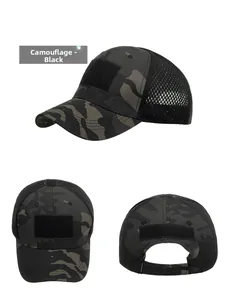 Three-angle view of black camouflage tactical mesh cap with velcro panels for patches