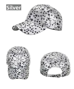 Detailed views of silver baseball cap with black star patterns and metal buckle