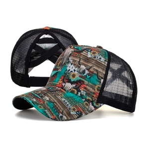 Western style floral longhorn ponytail mesh baseball cap with sunflower and leopard prints
