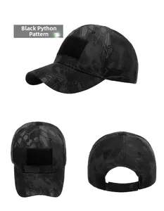 Three-view layout of black python camouflage tactical cap with front velcro panels