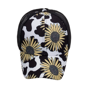 Damen Sonnenblumen Baseballkappe mit Kuhprint und atmungsaktivem Mesh-Rücken