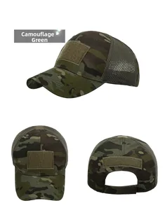 Tactical camo green baseball cap detail with velcro patches and breathable mesh panels