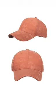 Detailed views of coral orange baseball cap featuring embossed letters and breathable eyelets