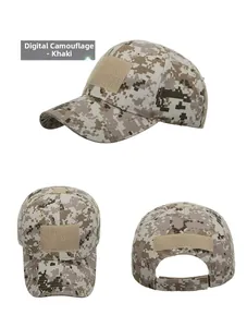 Detailed views of Digital Khaki tactical baseball cap with multiple hook-and-loop panels