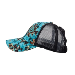 Blue and black mesh baseball cap with ethnic geometric prints and breathable mesh back