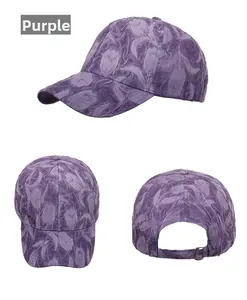 Multiple views of a purple baseball cap featuring 3D embossed floral tulip textures