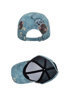 Macro detail of vintage washed denim baseball cap with metal buckle and interior structure