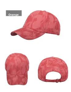 Detailed views of orange baseball cap featuring textured fabric and metal buckle adjustment