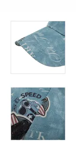 Detail showing vintage washed denim texture and distressed speed lettering on baseball cap