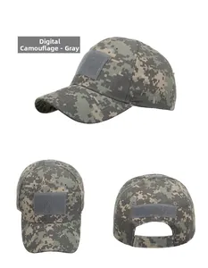 Three views of a digital camo tactical baseball cap with gray velcro patches and 6 panels