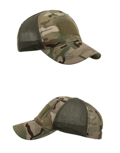 Detail view of woodland camo tactical mesh cap with velcro patches and breathable back
