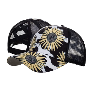 Sonnenblume und Kuhmuster Netz-Baseballkappe mit elastischem Pferdeschwanz-Loch