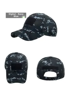 Three views of digital navy blue tactical camouflage baseball cap with velcro patches