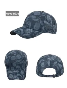 Detailed views of navy blue baseball cap with floral jacquard fabric and metal buckle