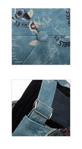 Detail of blue denim baseball cap showing silver adjustable metal slide buckle and sewing