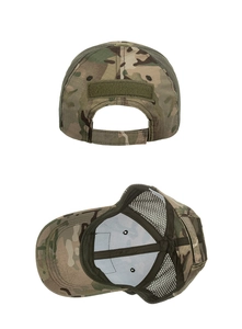 Detailed view of camo tactical cap with breathable mesh and adjustable velcro strap