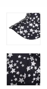 Detail shot of navy blue baseball cap fabric with white star prints and stitch seams