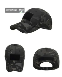 Three-angle view of black camouflage tactical baseball cap with velcro patches