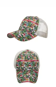 Side and front view of a mesh trucker hat with cactus sunflower and cow print patterns