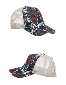 Detail of trucker hat featuring tribal patterns, cow print, and breathable beige mesh back